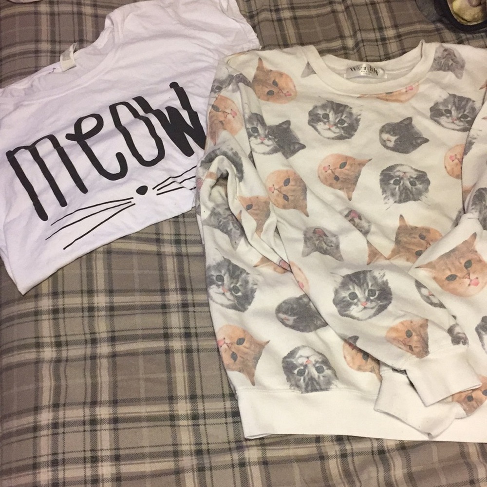 Meow tee and Cat face sweatshirt